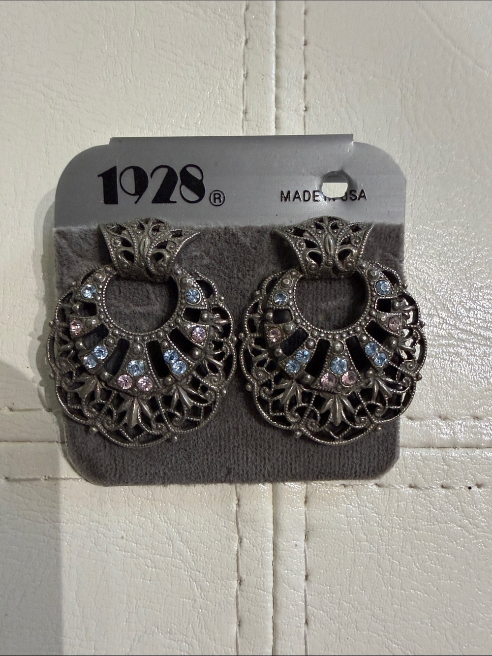 1928 Silver-Tone Openwork Hoop Earrings with Pink & Light Blue Stones